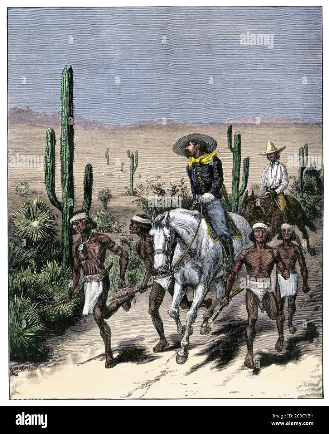 US-Armee mit Indianer-Trackern nach Geronimos Spur, Apache Wars, 1886. Handkolorierter Holzschnitt Stockfoto