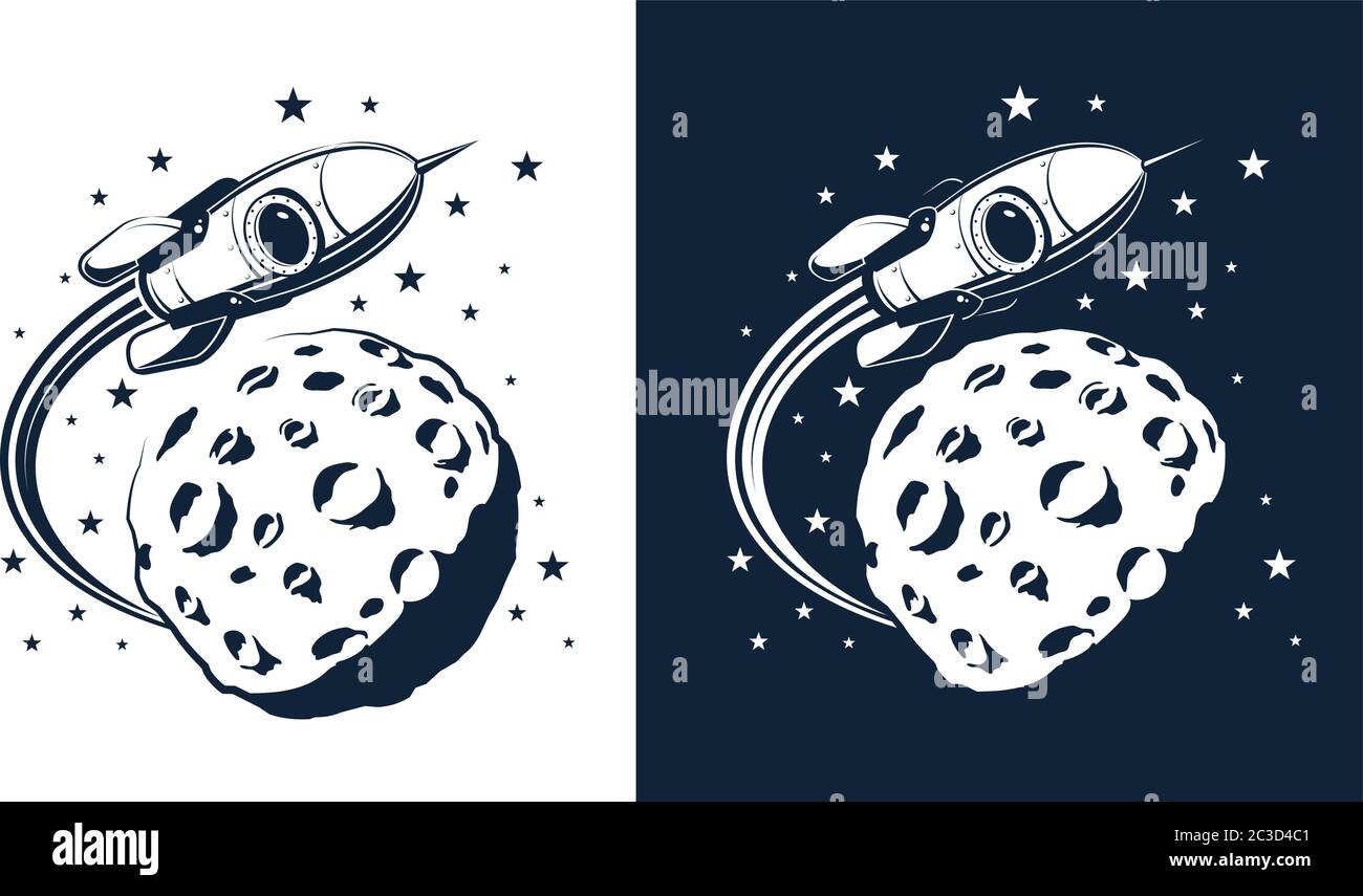 Space Rocket fliegt um den Planeten mit Kratern ähnlich Der Mond Stock Vektor