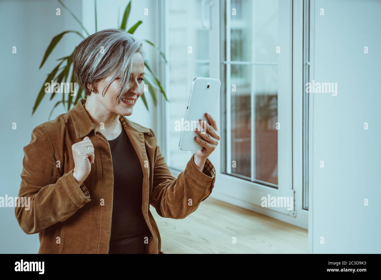 Schöne reife Frau kommuniziert online auf digitalen Tablet. Silberhaarige Frau lächelt beim Sprechen, während sie neben dem Fenster steht. Getöntes Bild Stockfoto