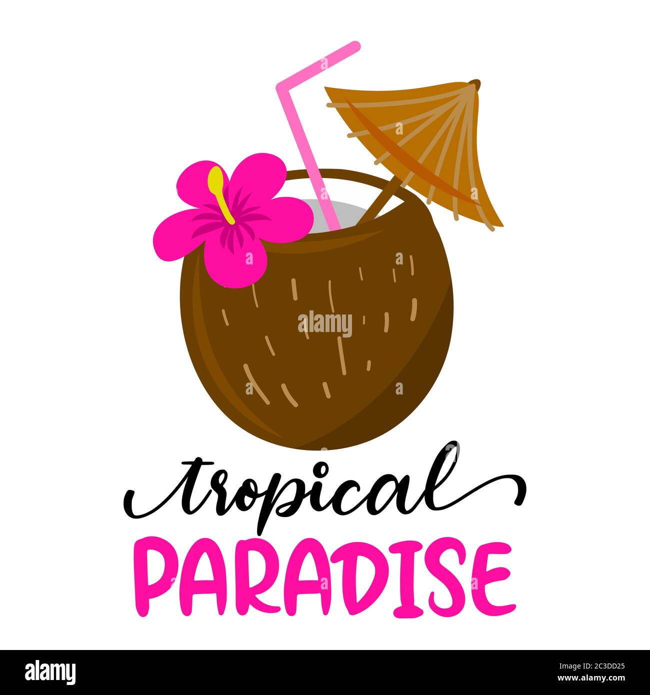 Tropisches Paradies - Kokosnusscocktail mit hawaii-Blume auf dem Hintergrund mit schönem Zitat. Nette Hand gezeichnet Eis in Frau Hand.Fun glücklich doodles für Stock Vektor