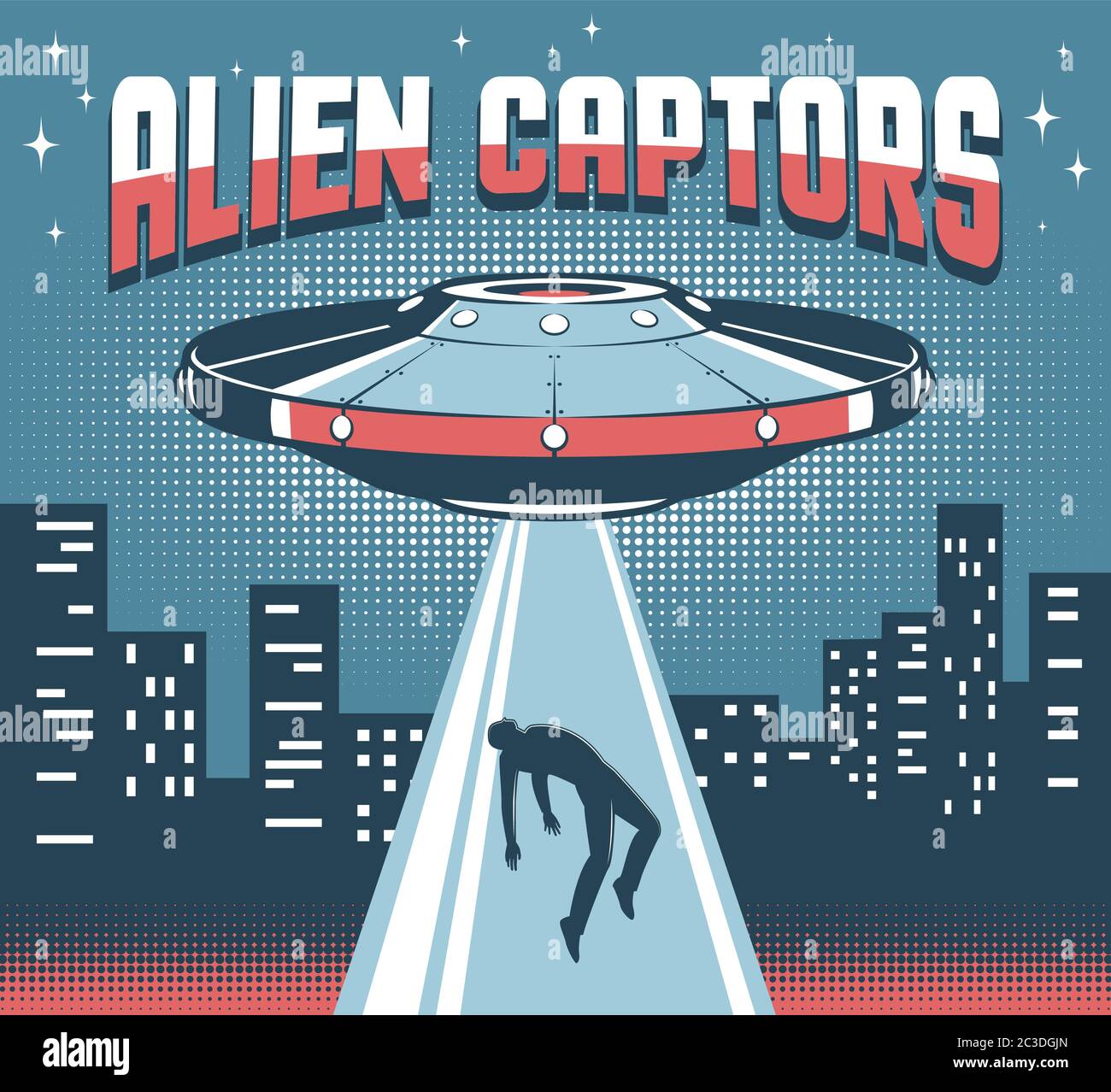 Fliegende Untertasse über der Stadt entführt einen Mann mit einem Lichtstrahl. Stock Vektor