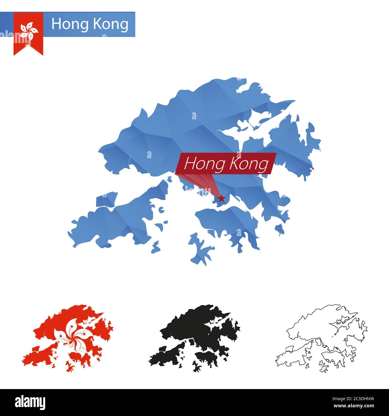 Hong Kong Blue Low Poly Karte mit Hauptstadt, Versionen mit Flagge