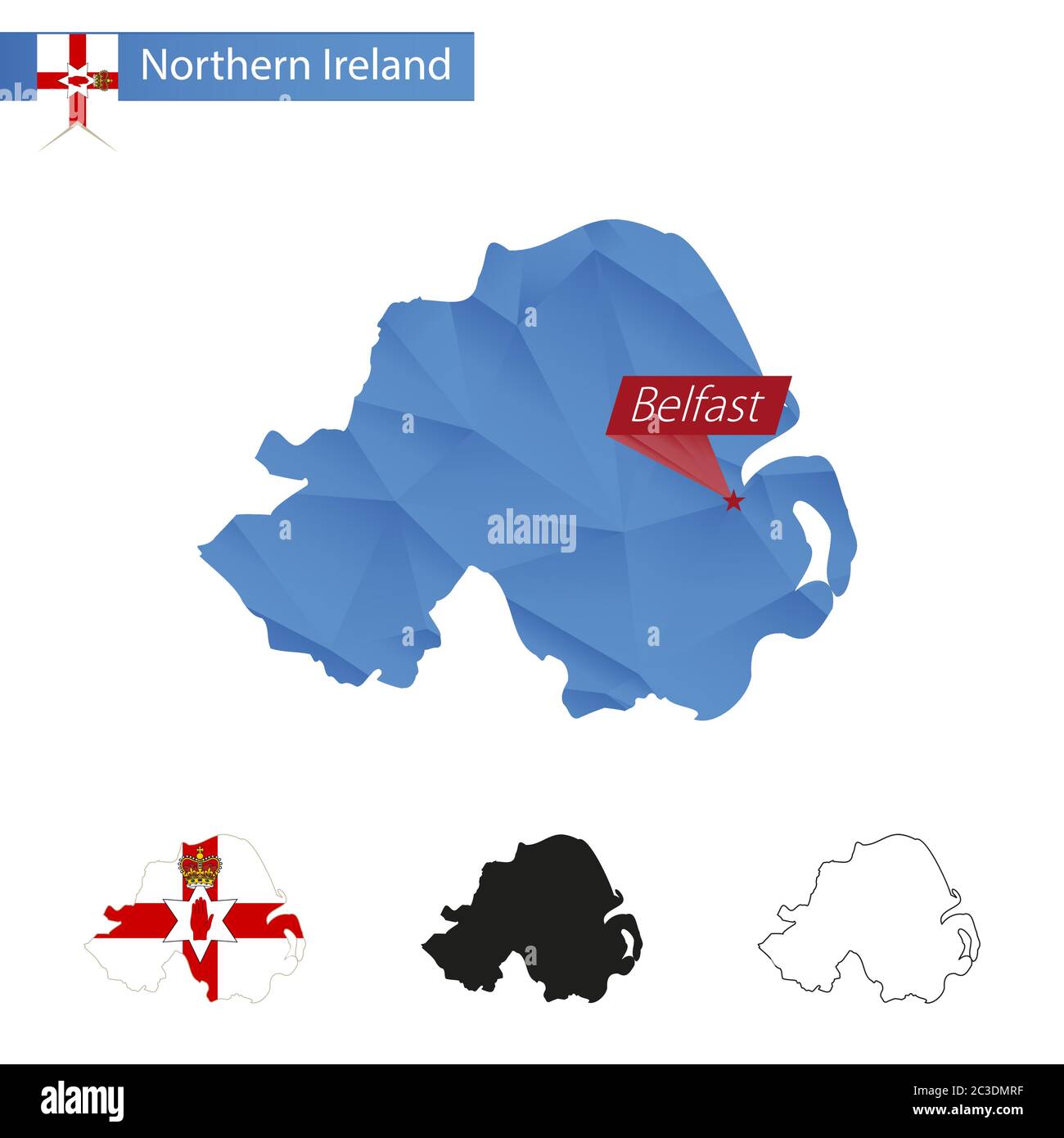 Nordirland blaue Low Poly Karte mit Hauptstadt Belfast, Versionen mit Flagge, schwarz und Umriss. Vektorgrafik. Stock Vektor