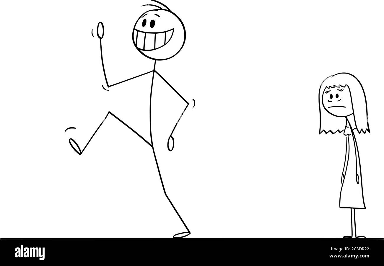 Vektor Cartoon Stick Figur Zeichnung konzeptionelle Illustration von glücklich lächelnden Mann verlassen traurig depressive Frau im Hintergrund. Auflösen der Beziehung. Stock Vektor