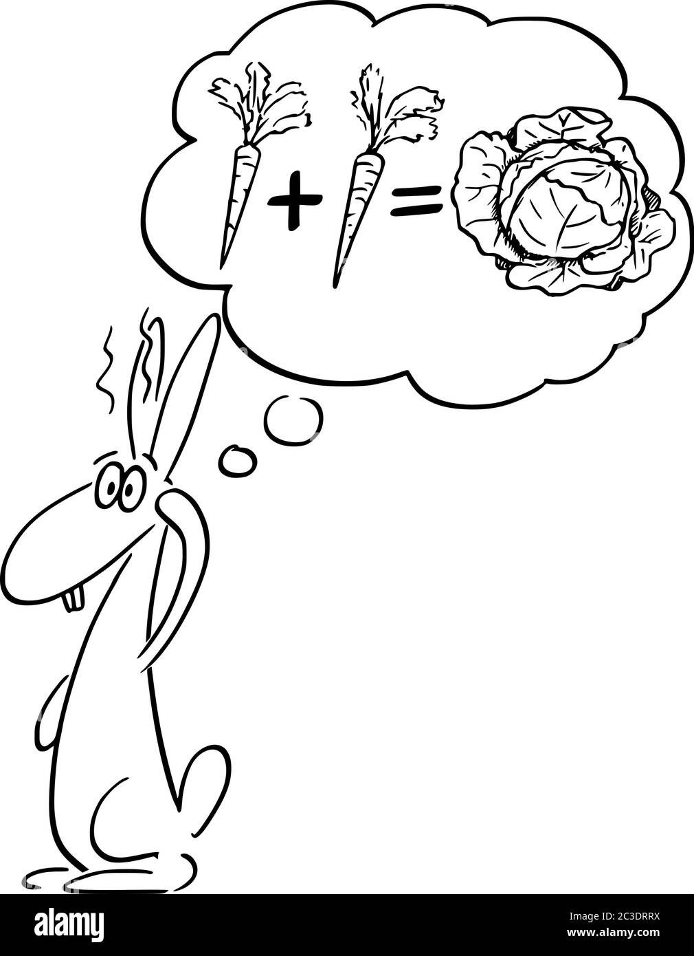 Vektor Cartoon Stick Figur Zeichnung konzeptionelle Illustration von Kaninchen, Jackrabbit oder Hase denken über Karotte und Mathematik. Konzept von Bildung, Intelligenz und Wissenschaft. Stock Vektor