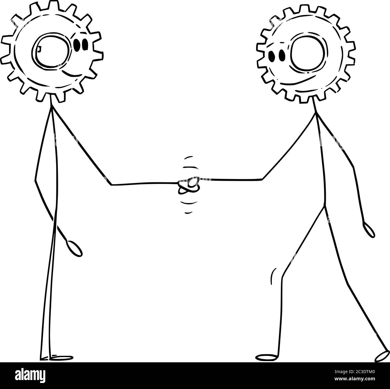 Vektor Cartoon Stick Figur Zeichnung konzeptionelle Illustration von zwei Männern oder Geschäftsleuten mit Zahnrad Köpfe Schütteln Hand. Geschäftskooperation oder Vertragskonzept. Stock Vektor