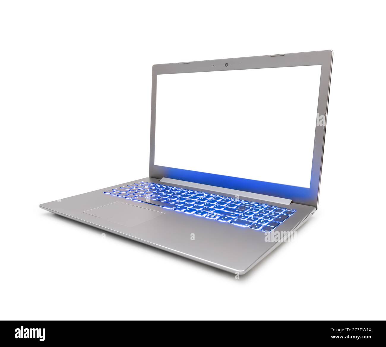 Notebook-Computer mit blauer Tastaturbeleuchtung Stockfoto