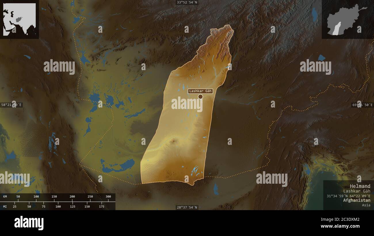 Helmand, Provinz Afghanistan. Farbiges Relief mit Seen und Flüssen. Form präsentiert gegen seine Landesfläche mit informativen Überlagerungen. 3D-Renderi Stockfoto
