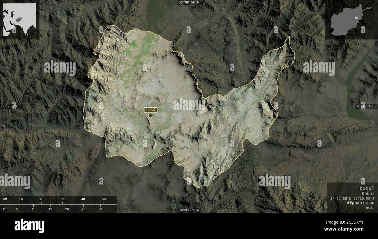 Kabul, Provinz Afghanistan. Satellitenbilder. Form präsentiert gegen seine Landesfläche mit informativen Überlagerungen. 3D-Rendering Stockfoto