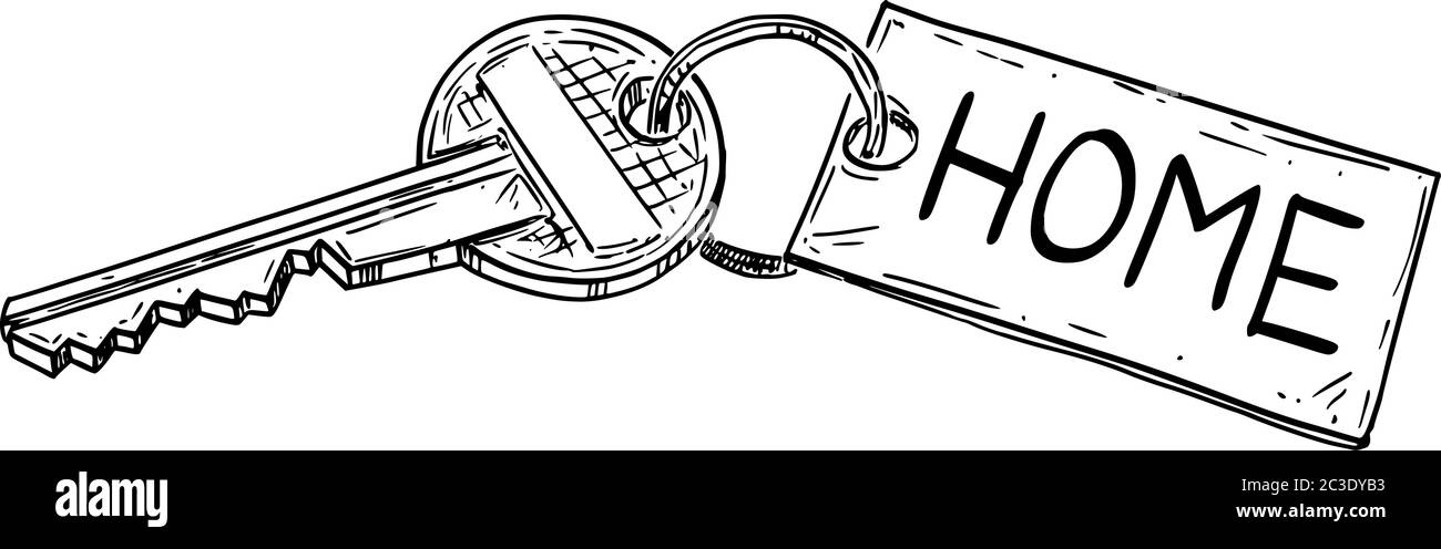 Vektor Cartoon Zeichnung konzeptionelle Illustration von Hausschlüssel mit Haus sign.Renting, Kauf oder Besitz Haus oder Wohnung. Stock Vektor