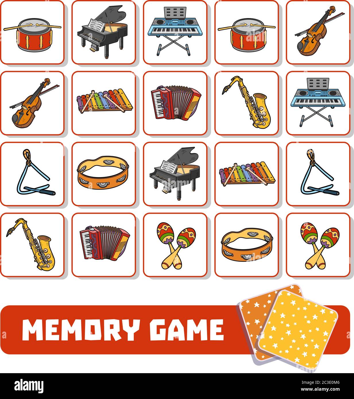Memory-Spiel für Kinder im Vorschulalter, Vektorkarten mit Musikinstrumenten Stock Vektor