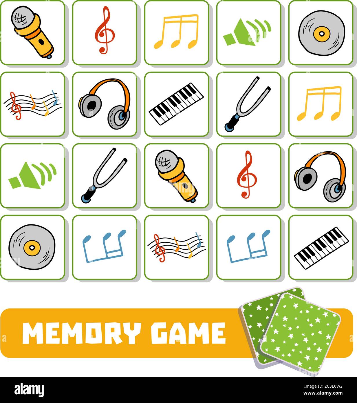 Memory-Spiel für Kinder im Vorschulalter, Vektorkarten mit musikalischen Objekten Stock Vektor