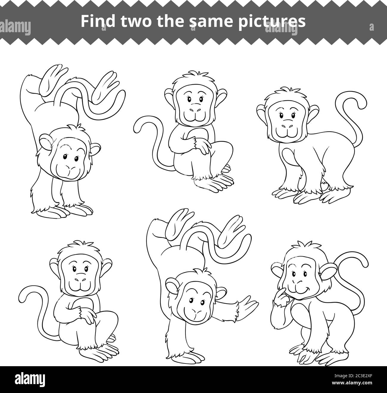 Finden Sie zwei die gleichen Bilder, Bildung Spiel für Kinder, Affe Stock Vektor