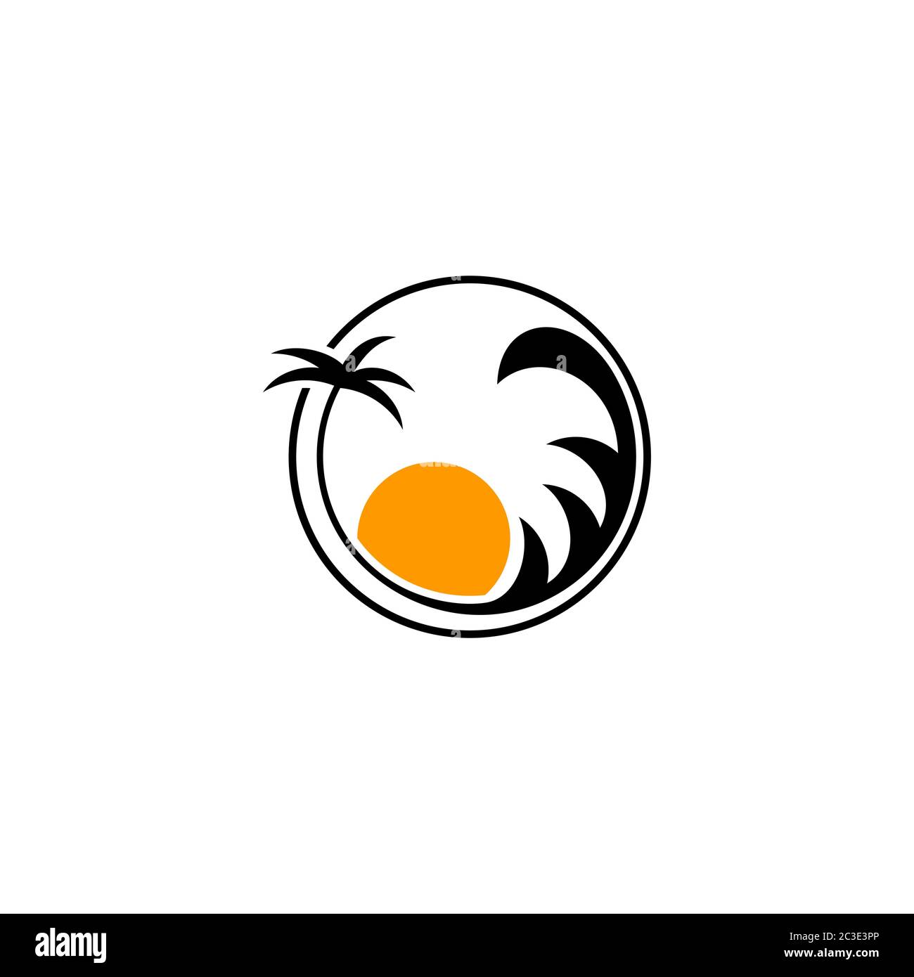 Vektor mit Ocean-Logo. Design-Konzept von Sonne, Welle und Palmen. Isoliert auf weißem Hintergrund. Stock Vektor
