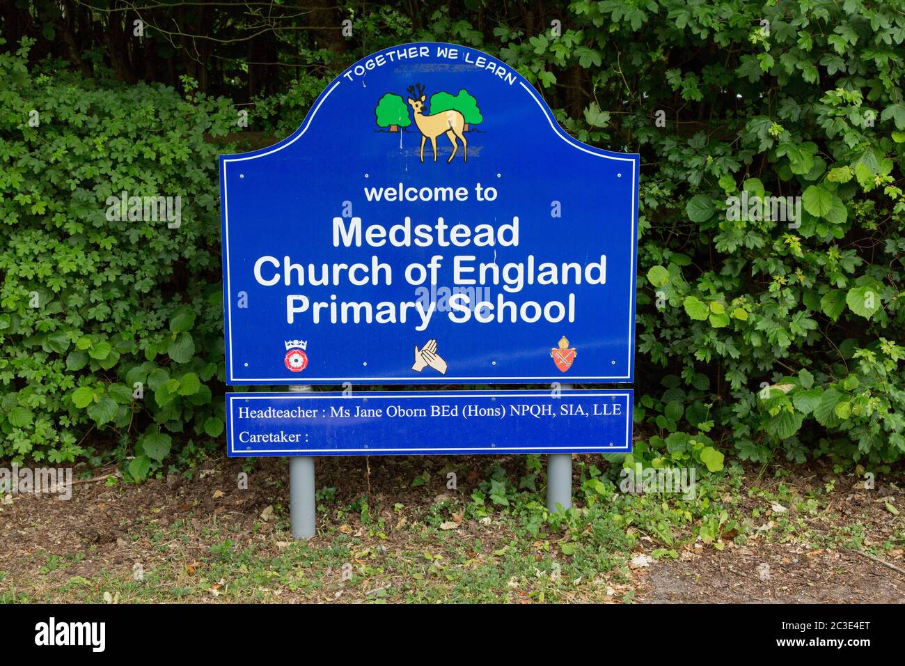 Medstead Church of England Primary School Zeichen, Medstead, England, Vereinigtes Königreich. Stockfoto
