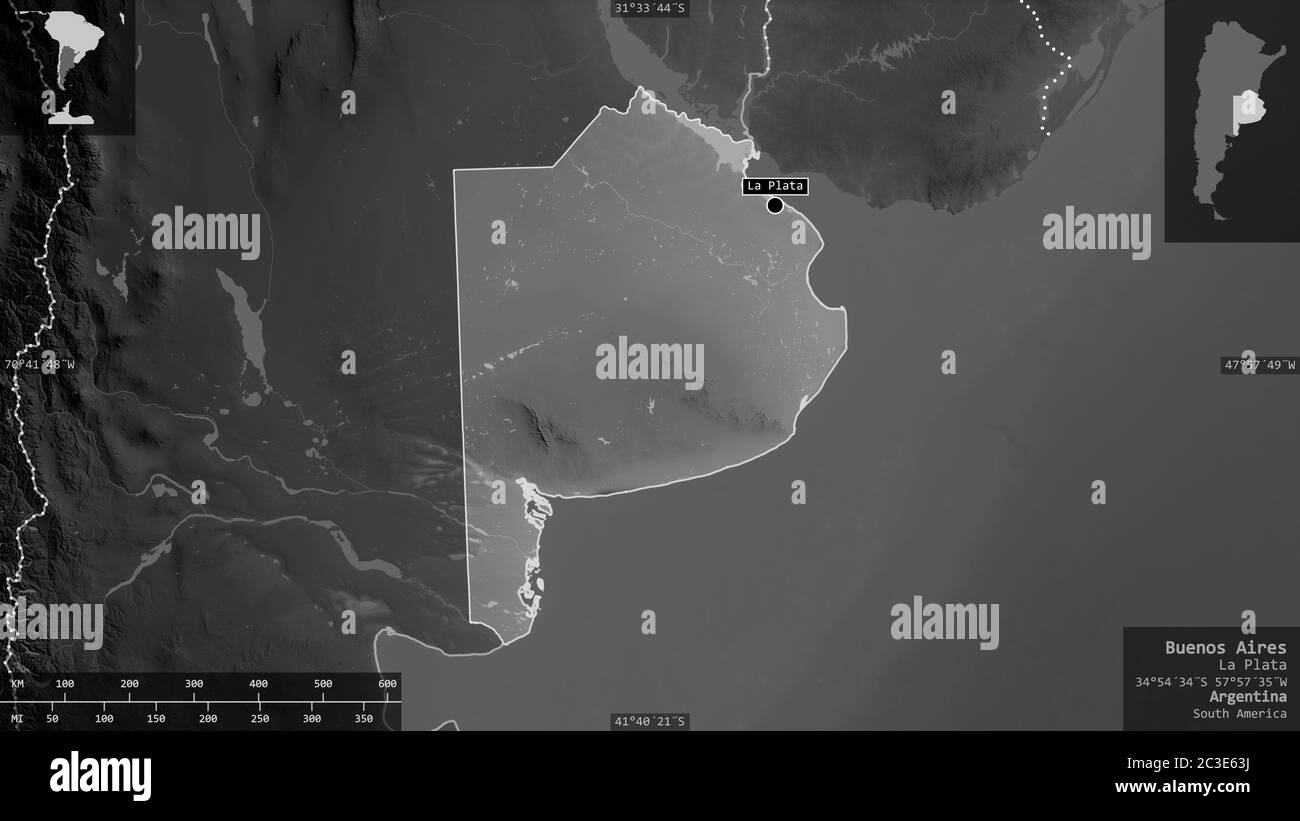 Buenos Aires, Provinz Argentinien. Graustufen-Karte mit Seen und Flüssen. Form präsentiert gegen seine Landesfläche mit informativen Überlagerungen. 3D-Rend Stockfoto