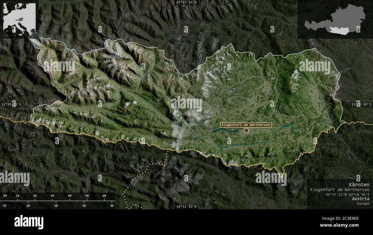 Kärnten, Bundesland Österreich. Satellitenbilder. Form präsentiert gegen seine Landesfläche mit informativen Überlagerungen. 3D-Rendering Stockfoto