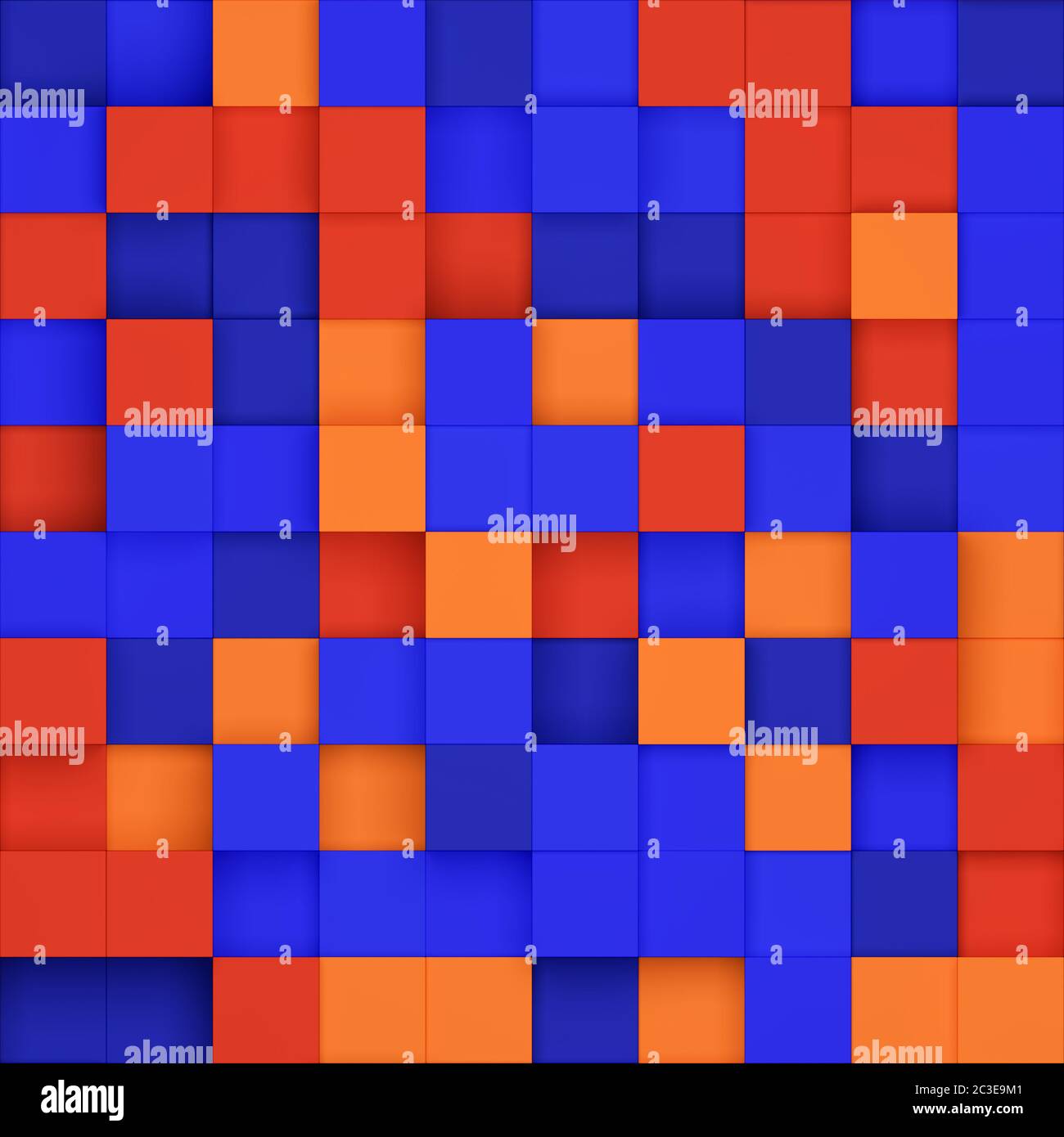 Nahtlose Kachel aus farbigen isometrischen Boxen mit Schatten in einem blau-orange-roten Farbschema Stockfoto