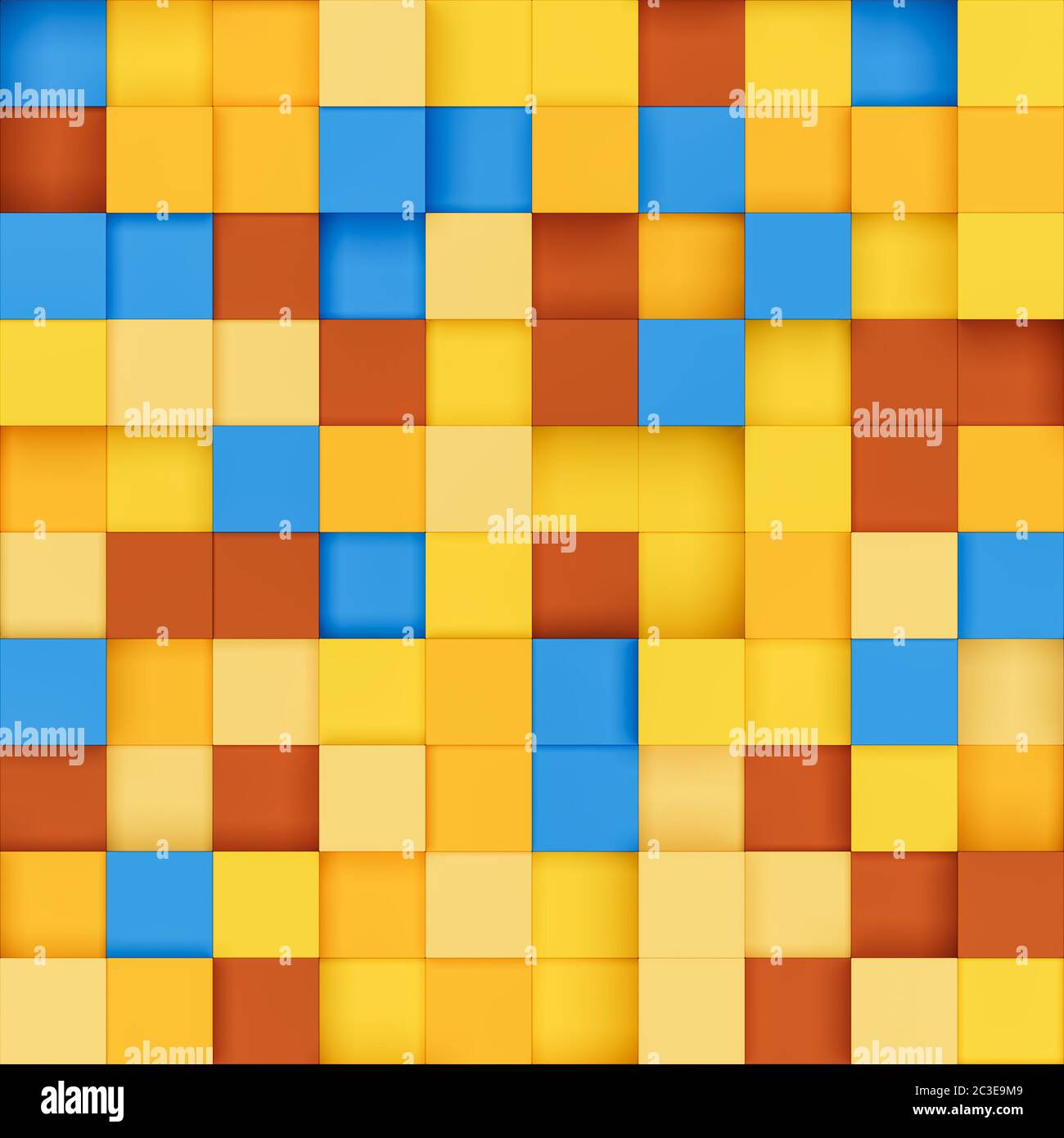 Nahtlose Kachel aus farbigen isometrischen Boxen mit Schatten in einem blau gelb orange braunen Farbschema Stockfoto