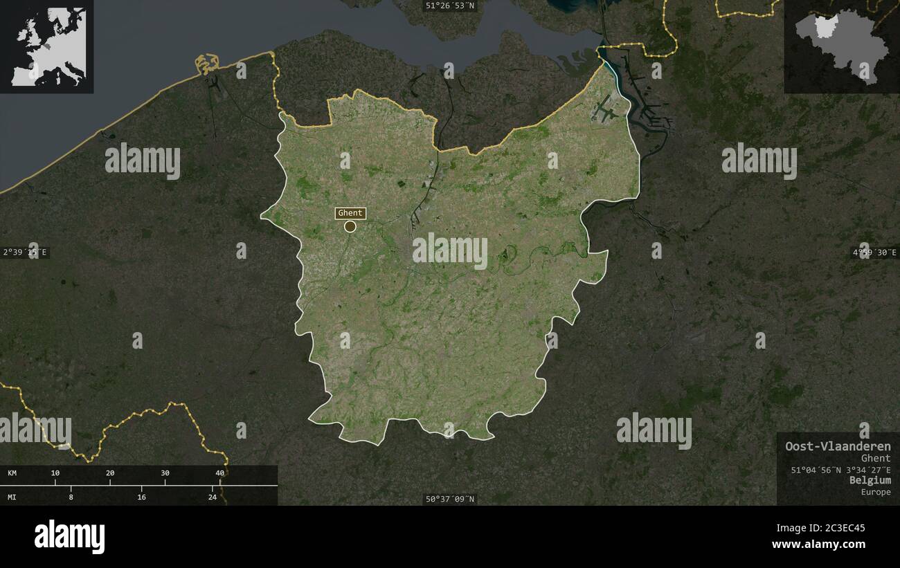 Oost-Vlaanderen, Provinz Belgien. Satellitenbilder. Form präsentiert gegen seine Landesfläche mit informativen Überlagerungen. 3D-Rendering Stockfoto