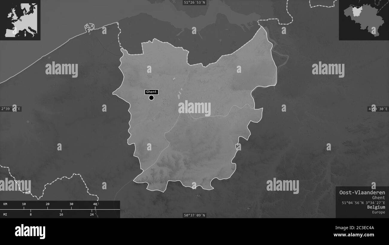Oost-Vlaanderen, Provinz Belgien. Graustufen-Karte mit Seen und Flüssen. Form präsentiert gegen seine Landesfläche mit informativen Überlagerungen. 3D ren Stockfoto