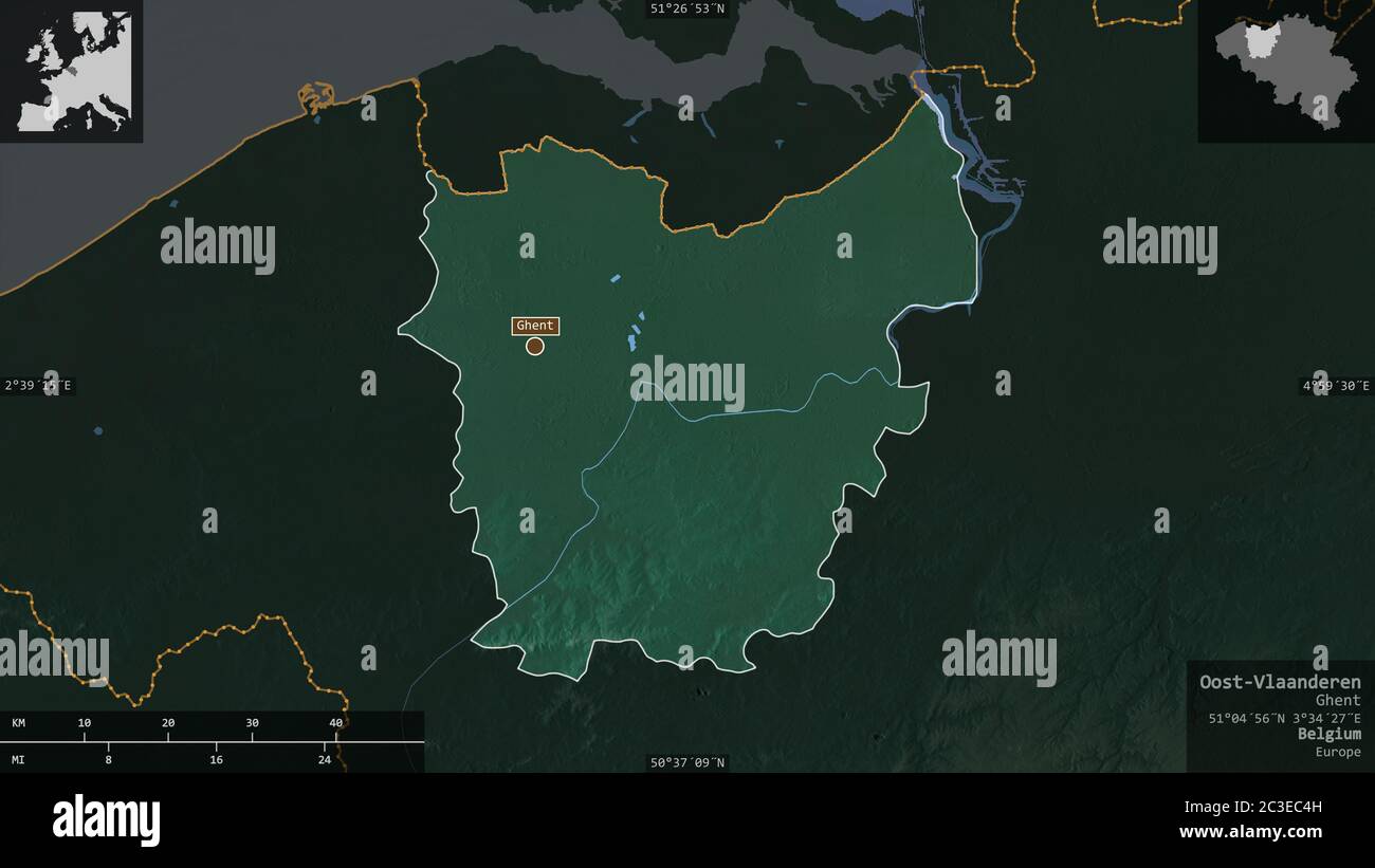 Oost-Vlaanderen, Provinz Belgien. Farbiges Relief mit Seen und Flüssen. Form präsentiert gegen seine Landesfläche mit informativen Überlagerungen. 3D ren Stockfoto