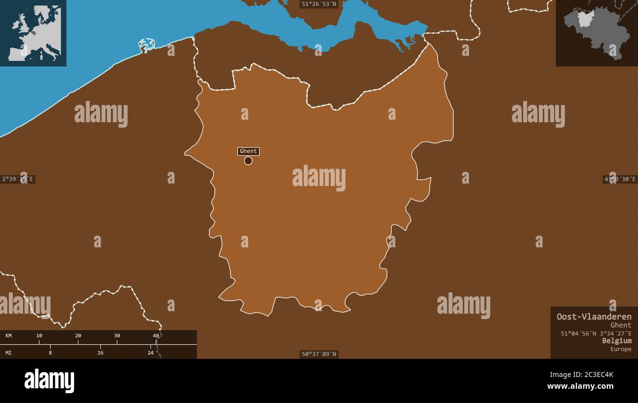 Oost-Vlaanderen, Provinz Belgien. Gemusterte Feststoffe mit Seen und Flüssen. Form präsentiert gegen seine Landesfläche mit informativen Überlagerungen. 3D r Stockfoto