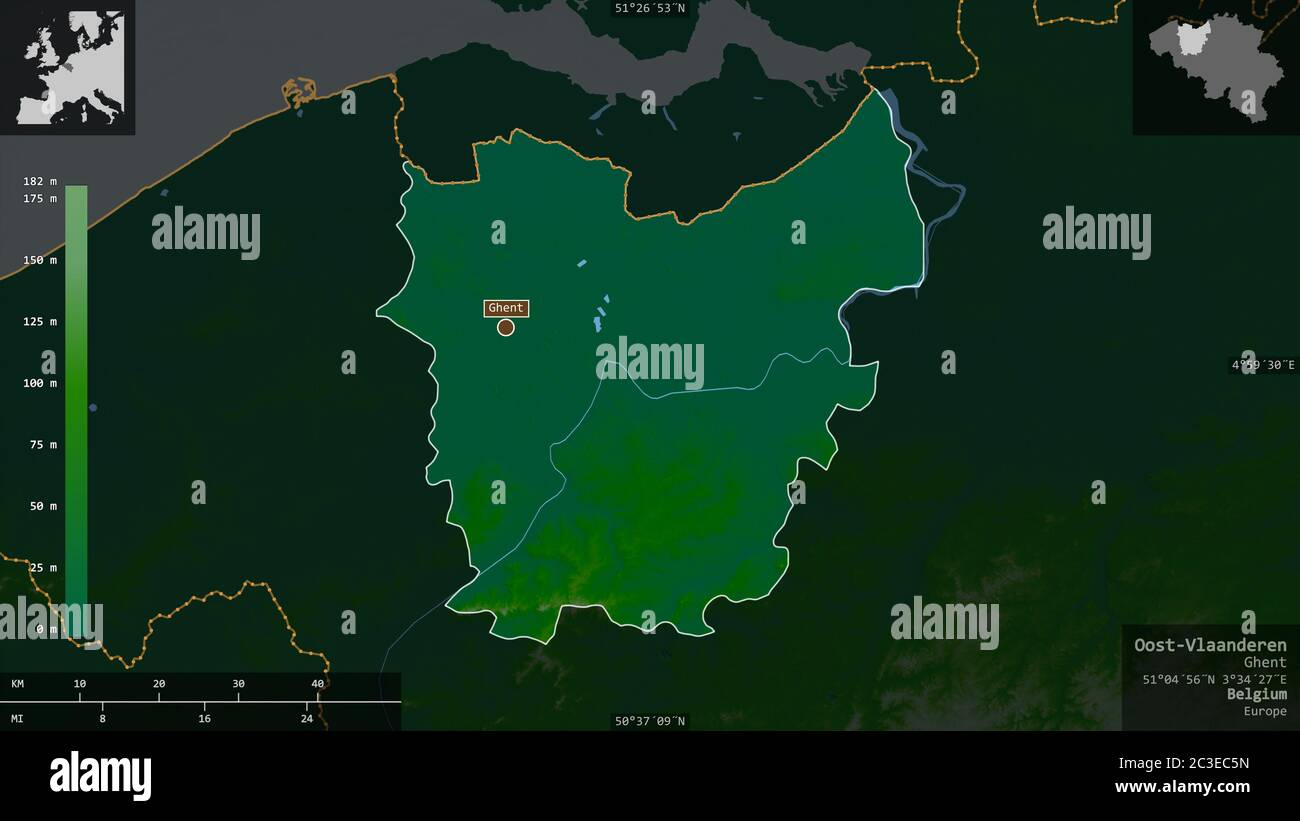 Oost-Vlaanderen, Provinz Belgien. Farbige Shader-Daten mit Seen und Flüssen. Form präsentiert gegen seine Landesfläche mit informativen Überlagerungen. 3 Stockfoto