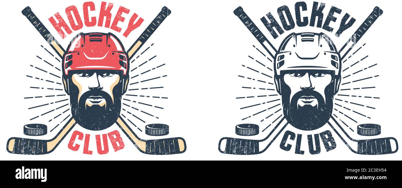 Hockeyspieler mit Bart und gekreuzten Stöcken - Vintage Sport Emblem Stock Vektor