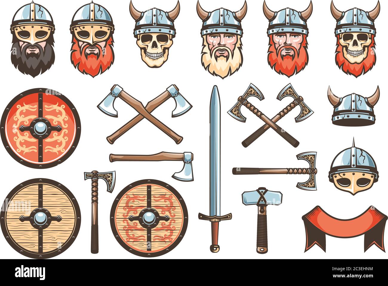 Mittelalterliche Waffen und Rüstungen von Wikingern und Rittern Stock Vektor