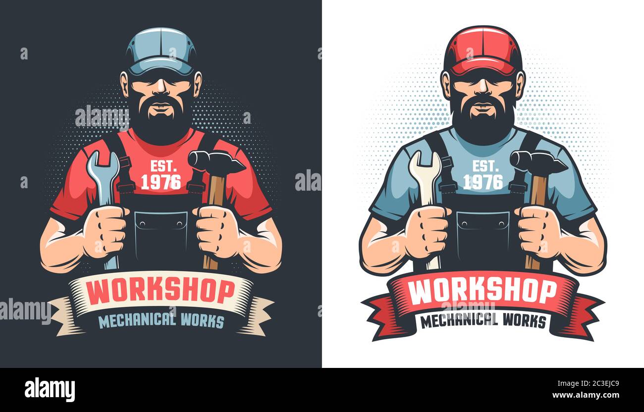 Reparaturwerkstatt Retro-Logo mit Handwerker und Werkzeuge Stock Vektor