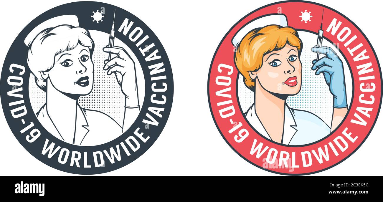 Krankenschwester mit Spritze - Retro-Impfung Logo Stock Vektor