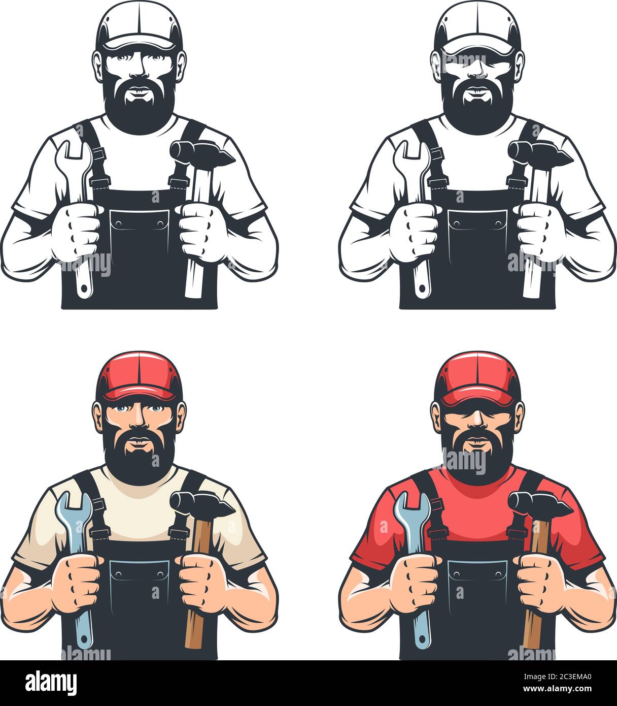 Reparaturmann Mechaniker hält Hammer und Schraubenschlüssel - Retro-Illustration Stock Vektor