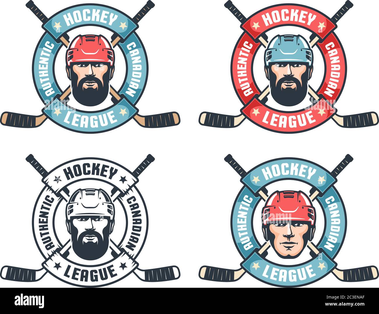 Hockey Vintage Logo mit bärtigen Spieler, gekreuzten Stäbchen und rundem Band Stock Vektor