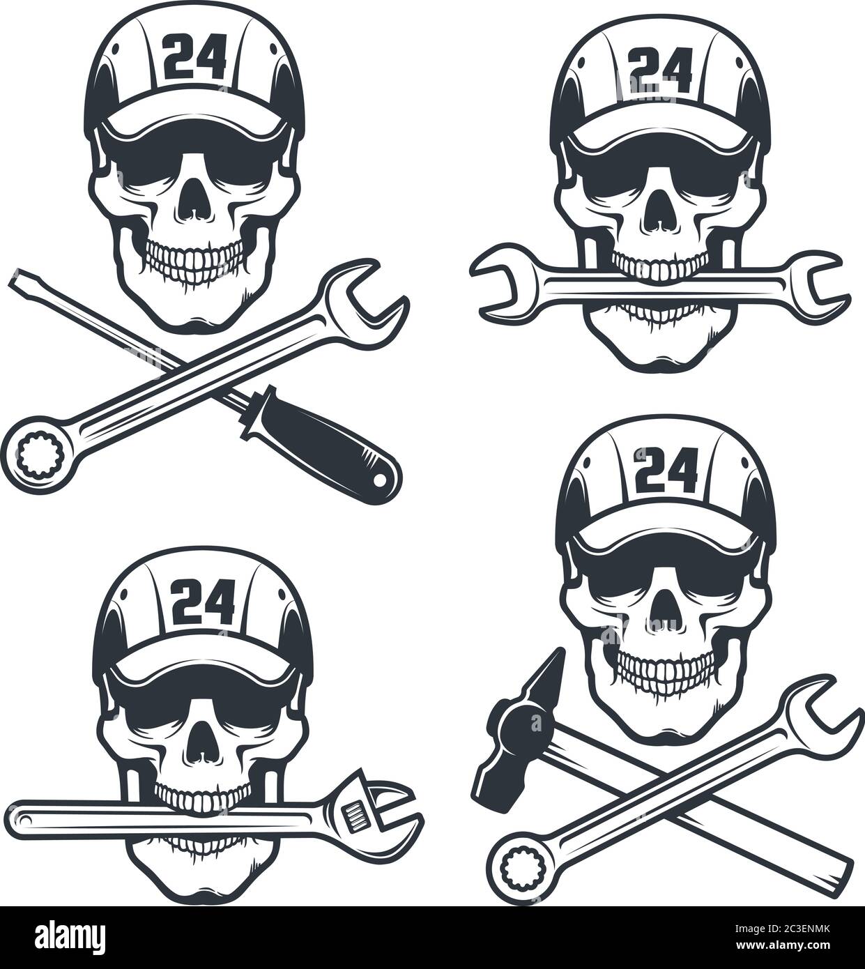 Mechanic Skull in Kappe mit Schraubenschlüssel und Hammer - Retro-Logo Stock Vektor