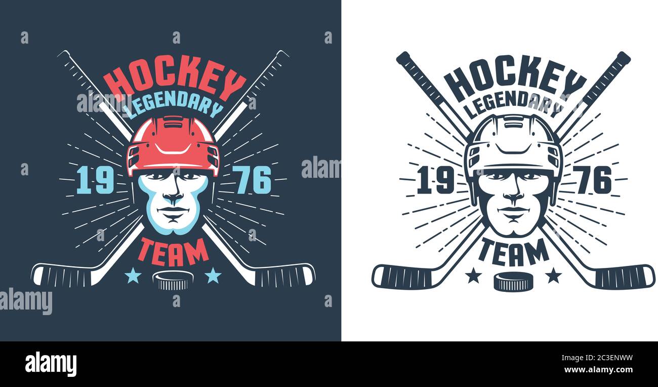 Hockeyspieler Kopf und gekreuzte Stöcke - Vintage-Logo Stock Vektor