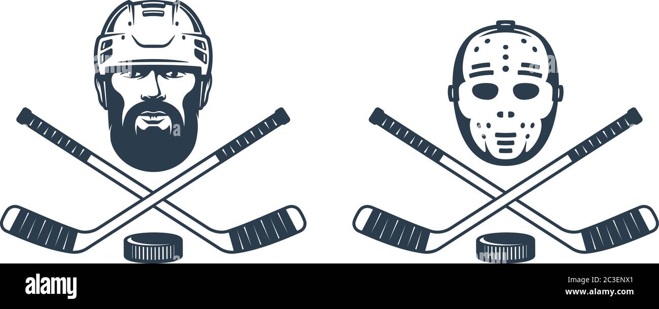 Hockey Torwart Maske Logo mit gekreuzten Stöcken Stock Vektor