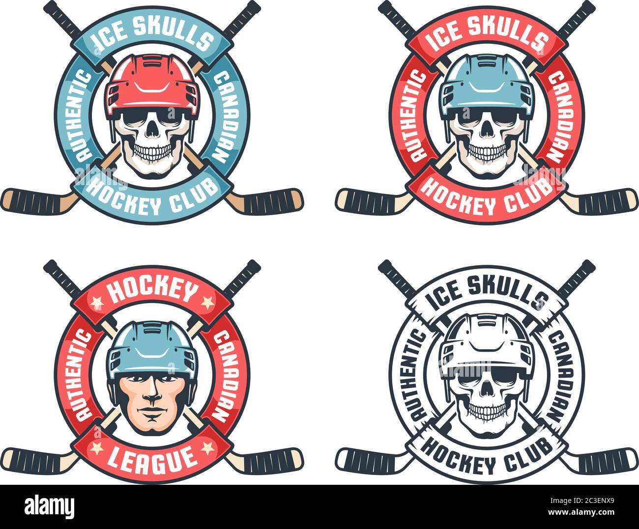 Hockey Totenkopf Retro Emblem mit gekreuzten Stäbchen und rundem Band Stock Vektor