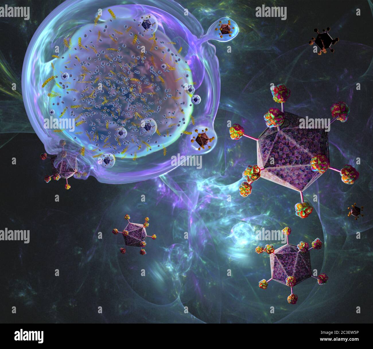 Illustration der CAR (chimären Antigen-Rezeptor) T-Zell-Immuntherapie, ein Prozess, der zur Behandlung von Krebs entwickelt wird. T-Zellen (eine oben links), Teil des körpereigenen Immunsystems, werden dem Patienten entnommen und lassen seine DNA (Desoxyribonukleinsäure) durch Viren (lila) modifizieren, so dass sie chimäre Antigenrezeptor-(CAR-)Proteine produzieren. Diese Proteine sind spezifisch für den Krebs des Patienten. Die modifizierten T-Zellen werden dann im Labor vervielfältigt, bevor sie wieder dem Patienten zugesetzt werden. Stockfoto