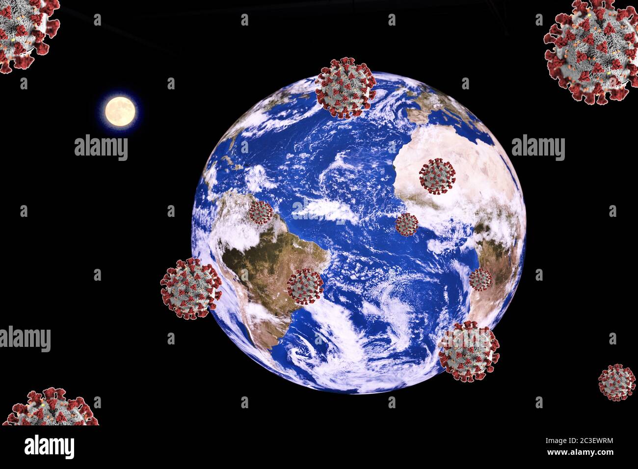 Angriff auf der Erde mit Coronaviren, Photomantage, Symbolbild für die globale Coronapandemie Stockfoto