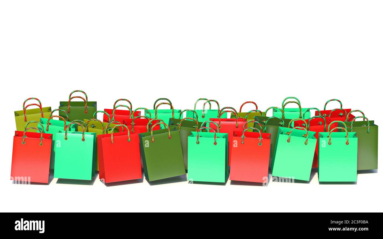 Papiertüten grün und rot in einer Reihe 3D Stockfoto