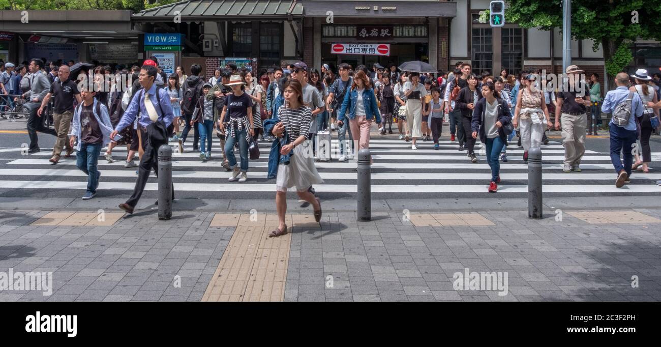 Fußgängerpendler am Bahnhof Japan Railway Harajuku, Tokio, Japan Stockfoto