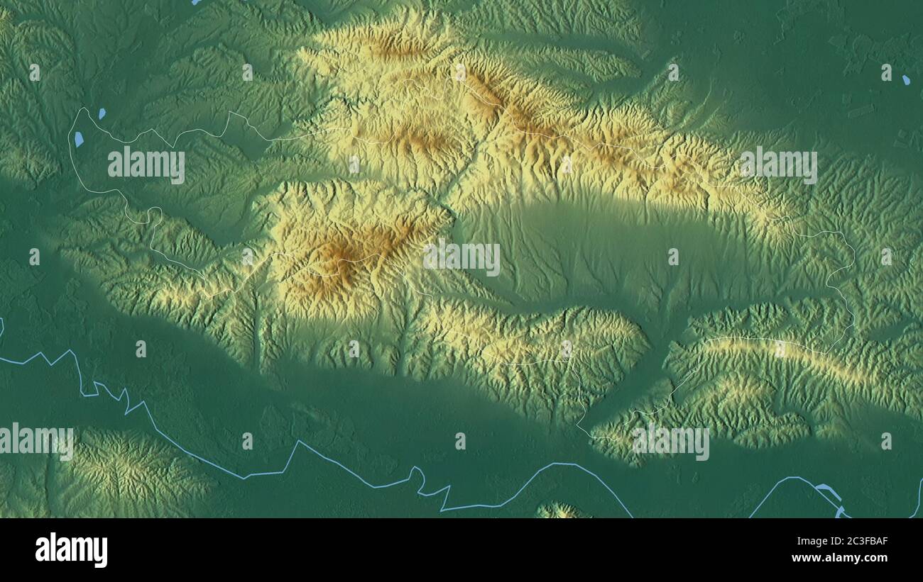 Požeško-Slavonska, Kreis Kroatien. Farbiges Relief mit Seen und Flüssen. Form, die gegenüber dem Landesgebiet umrissen ist. 3D-Rendering Stockfoto