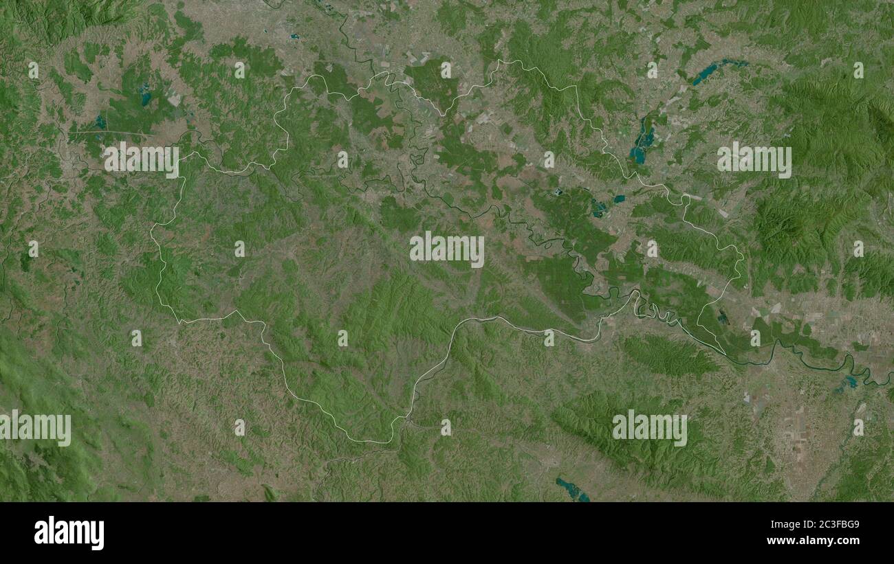 Sisacko-Moslavacka, Kreis von Kroatien. Satellitenbilder. Form, die gegenüber dem Landesgebiet umrissen ist. 3D-Rendering Stockfoto