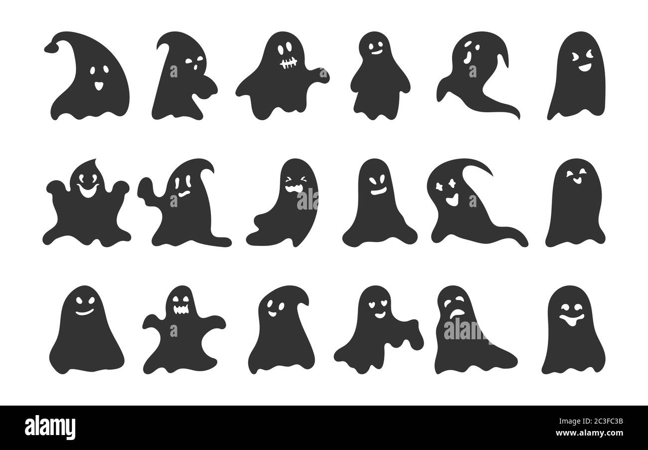 Geistersatz für schwarze Silhouette. Happy Halloween Charakter mit beängstigend oder überrascht Gesichtsform. Gruselig lustig niedlichen Spuk. Toll für Postkarten im Urlaub. Horror im Oktober. Isolierte Vektordarstellung Stock Vektor