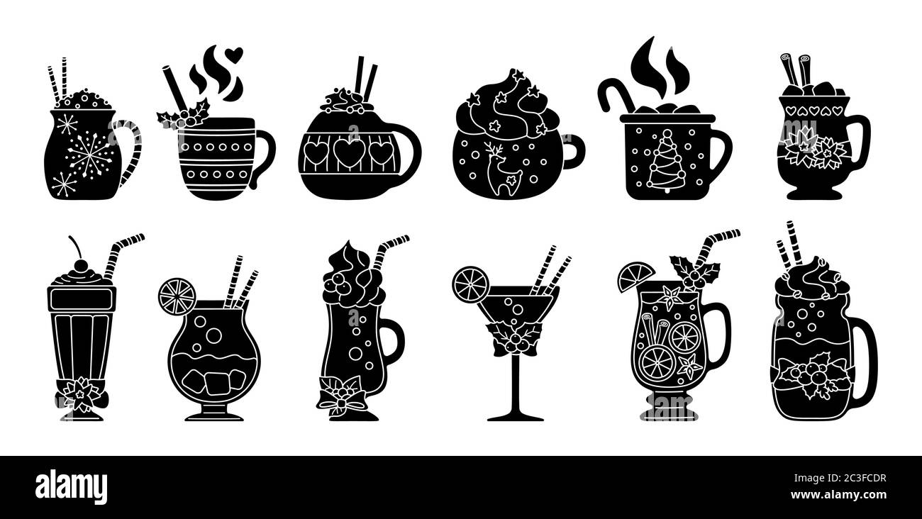 Weihnachten heiße Getränk Silhouette gesetzt. Schwarze Glyphe flach Cartoon verschiedene Getränke. Urlaub niedlichen Tassen heißen Kakao, Kaffee, Milch und Glühwein. Neujahr Getränke dekoriert Holly, Süßigkeiten. Vektorgrafik Stock Vektor