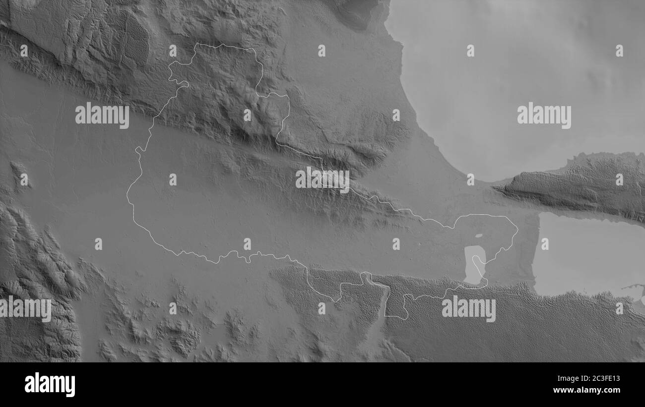 Duarte, Provinz Dominikanische Republik. Graustufen-Karte mit Seen und Flüssen. Form, die gegenüber dem Landesgebiet umrissen ist. 3D-Rendering Stockfoto