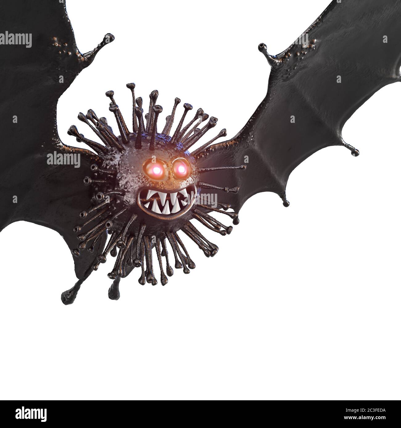 Schwarzer Coronavirus Covid-19 mit Fledermausflügeln und leuchtenden Augen auf weißem Hintergrund. 3D-Rendering Stockfoto