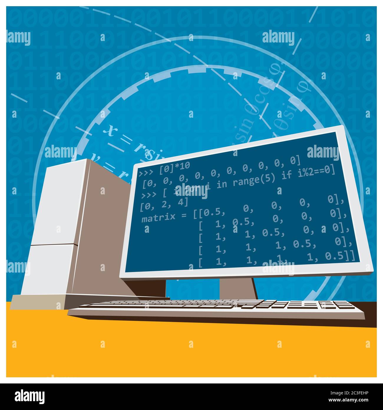 Stilisierte Vektorgrafik zum Thema Technik und Design. Leistungsstarke Arbeitsplätze Stock Vektor