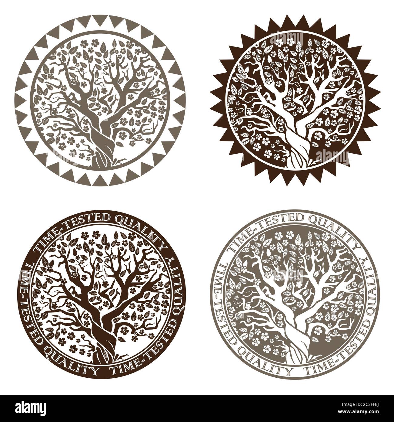 Stilisierte Vektordarstellung. Symbol oder Stempel blühenden Baum symbolisiert Wohlstand und Qualität im Laufe der Jahre bewiesen Stock Vektor